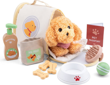 Woet ® speelgoed knuffelverzorgingsset met knuffel hond - mijn eerste huisdier met draagtas - fsc - rollenspel - vanaf 2 jaar