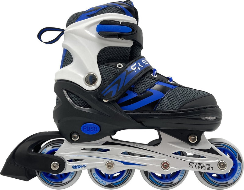 Afbeelding laden in galerijviewer, Street rider inline skates semi-softboot blauw zwart maat 29-32
