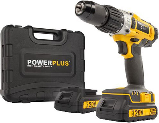 Powerplus powx00445 accu klopboormachine - 20v - incl. 2 x 2,0ah accu en lader - variabele snelheid - metalen snelspanboorkop - boormachine voor beton, hout en staal