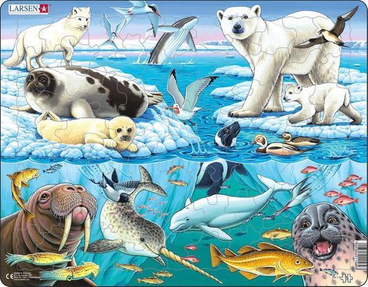 Larsen wilde dieren op en rond een arctische ijsberg – puzzel – dieren – pooldieren – educatieve legpuzzel voor kinderen – 75 stukjes – gemaakt in noorwegen – extra dikke 2,5 mm stukjes – tray met vaste rand