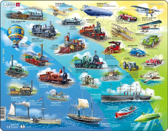 Larsen historische voertuigen – puzzel – voertuigen techniek – voertuigen historisch – educatieve legpuzzel voor kinderen – 54 stukjes – gemaakt in noorwegen – extra dikke 2,5 mm stukjes – tray met vaste rand