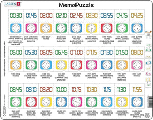 Larsen apprendre l’heure – puzzle mémo – horloge – lecture de l’heure – puzzle éducatif pour enfants – 54 pièces – fabriqué en norvège – pièces extra épaisses de 2,5 mm – plateau avec bord fixe