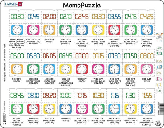Larsen apprendre l’heure – puzzle mémo – horloge – lecture de l’heure – puzzle éducatif pour enfants – 54 pièces – fabriqué en norvège – pièces extra épaisses de 2,5 mm – plateau avec bord fixe