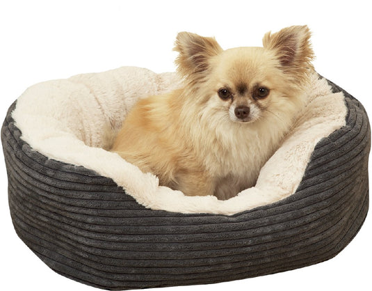 Rosewood jumbo cord plush – ovaal hondenmand- medium 62x60 cm – zacht warm – wasbaar – antislip onderkant – grijs crème