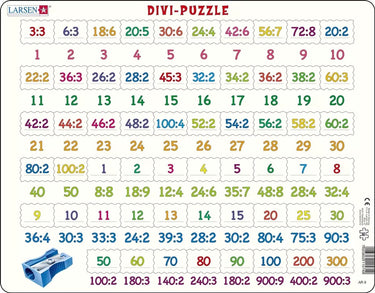 Larsen delen – puzzel – leren rekenen – delen – educatieve legpuzzel voor kinderen – 58 stukjes – gemaakt in noorwegen – extra dikke 2,5 mm stukjes – tray met vaste rand