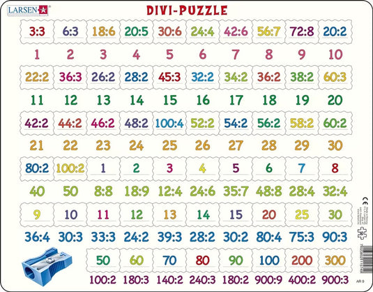 Larsen delen – puzzel – leren rekenen – delen – educatieve legpuzzel voor kinderen – 58 stukjes – gemaakt in noorwegen – extra dikke 2,5 mm stukjes – tray met vaste rand