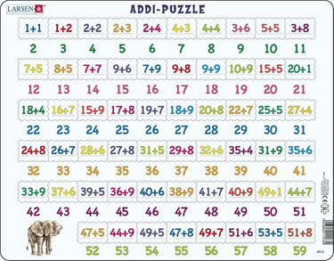 Larsen optellen – puzzel – leren rekenen – optellen – educatieve legpuzzel voor kinderen – 58 stukjes – gemaakt in noorwegen – extra dikke 2,5 mm stukjes – tray met vaste rand