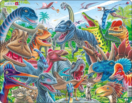 Larsen blije dinosauriërs – puzzel – dieren – prehistorie – educatieve legpuzzel voor kinderen – 43 stukjes – gemaakt in noorwegen – extra dikke 2,5 mm stukjes – tray met vaste rand
