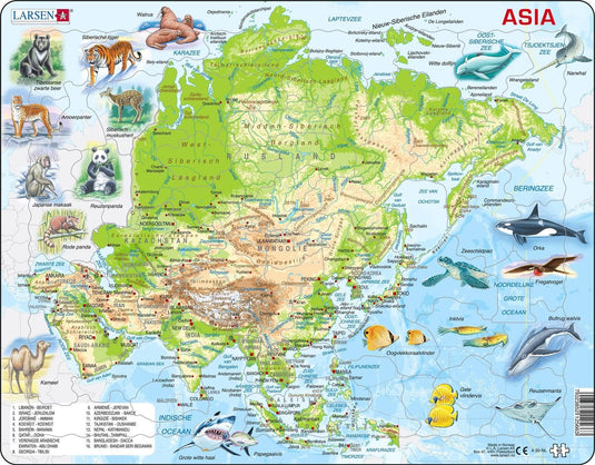 Larsen azië geografisch met dieren – puzzel – kaarten geografie – azië – educatieve legpuzzel voor kinderen – 63 stukjes – gemaakt in noorwegen – extra dikke 2,5 mm stukjes – tray met vaste rand