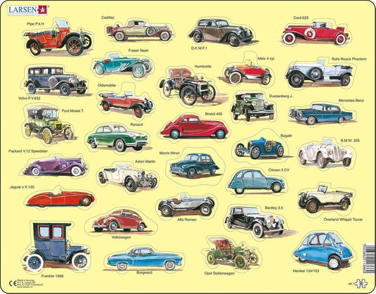 Larsen oldtimer auto's – puzzel – voertuigen techniek – oldtimers – educatieve legpuzzel voor kinderen – 30 stukjes – gemaakt in noorwegen – extra dikke 2,5 mm stukjes – tray met vaste rand