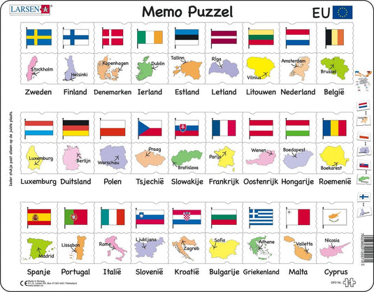 Larsen namen, vlaggen en hoofdsteden van 27 eu lidstaten – puzzel – kaarten geografie – europese unie – educatieve legpuzzel voor kinderen – 54 stukjes – gemaakt in noorwegen – extra dikke 2,5 mm stukjes – tray met vaste rand