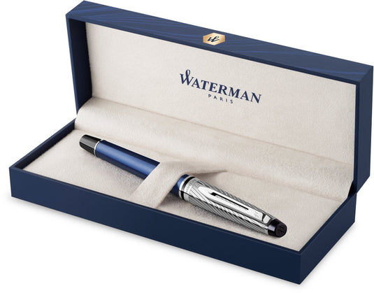 Waterman expert deluxe, vulpen, metaalkleurige en blauwe lak met palladium-gecoat detail, fijne penpunt met palladium