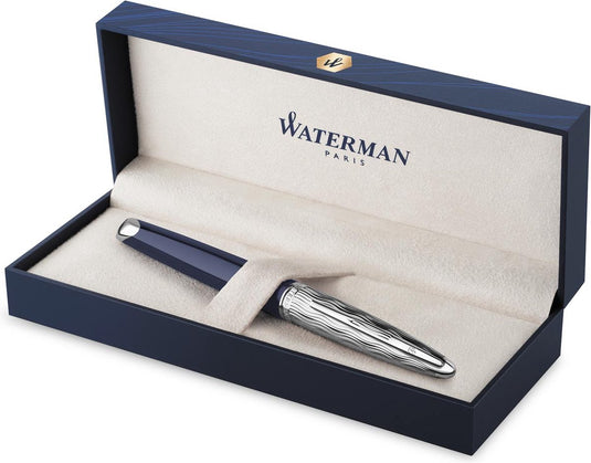 Waterman carène vulpen | metaal-blauwe lak met palladium detail | gebeitelde dop | 18k gouden medium penpunt