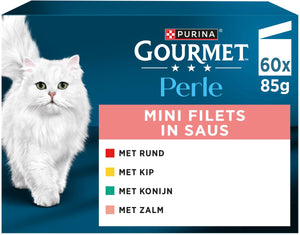 Gourmet perle mini filets in saus - kattenvoer natvoer - kip konijn rund zalm - 60 x 85 g