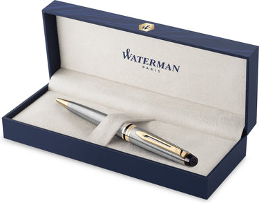 Waterman expert-balpen | roestvrij staal met 23-karaats gouden afwerking | medium punt | blauwe inkt | met geschenkdoos