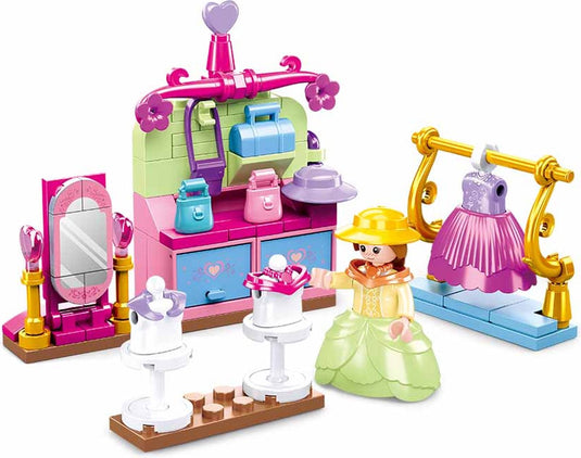 Sluban girls dream vintage kledingwinkel bouwspeelgoed kinderen vanaf 6 jaar – constructiespeelgoed modelbouw winkelset – bouwdoos met 103 bouwstenen en 1 minifiguur – m38-b0903