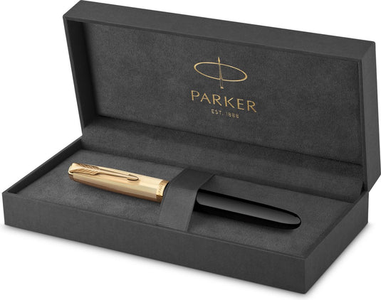 Parker 51 vulpen | 18k puur goud | zwarte hars | gouden detail | fijne punt met zwarte inkt | geschenkverpakking