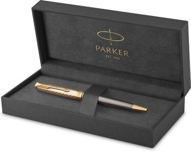 Parker sonnet pioneers collection balpen | grijze lak met gouden dop en details | medium punt | zwarte inkt | met geschenkdoos