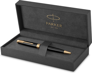 Parker sonnet-balpen | zwarte lak met gouden rand | medium punt met zwarte inkt | geschenkverpakking