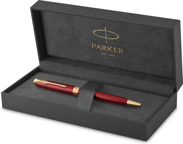 Parker sonnet balpen | rood gelakt met gouden trim | medium punt zwarte inkt | geschenkverpakking