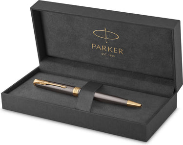 Parker sonnet-balpen | grijze lak met gouden details | medium punt | blauwe inkt | geschenkverpakking