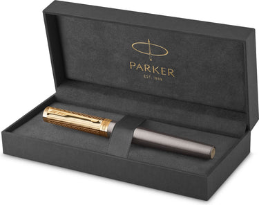 Parker ingenuity pioneers collection rollerbalpen | grijze lak met gouden dop en details | fijn punt | zwarte inkt | met geschenkdoos