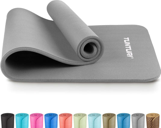 Tunturi nbr yogamat anti slip - fitnessmat extra dik zacht - sportmat - 180x60x1.5cm - incl trainingsapp - grijs