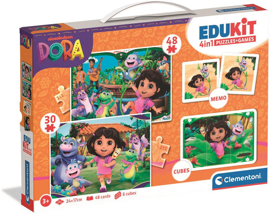 Clementoni - dora the explorer - edukit 4 in 1 spellen - 2 puzzels, blokkenset en memory spel - vanaf 3 jaar