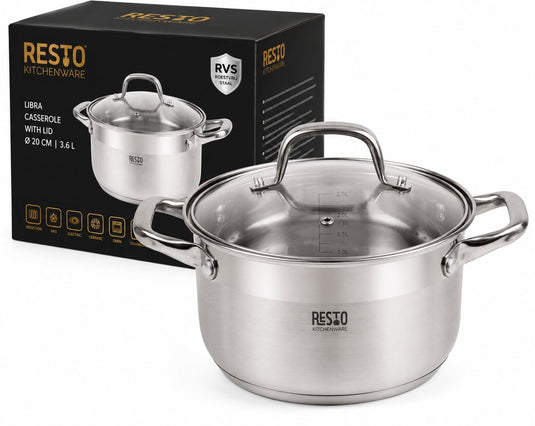 Resto kookpan inductie 3,6 liter ø20 cm rvs met glazen deksel – soeppan braadpan – kitchenware 92003 – alle warmtebronnen – zilver