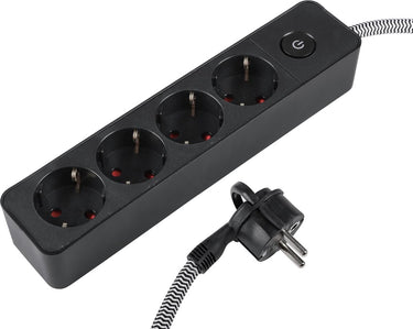 Q-link stekkerdoos - 4-voudig - plat - randaarde - 3 x 1.5 mmâ² - 1.5 m - textiel - zwart