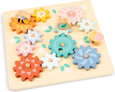 Woet ® houten puzzel met roterende tandwielen tuin - draaibare tandwielpuzzel met dieren - motorisch en creatief speelgoed - fsc - vanaf 2 jaar