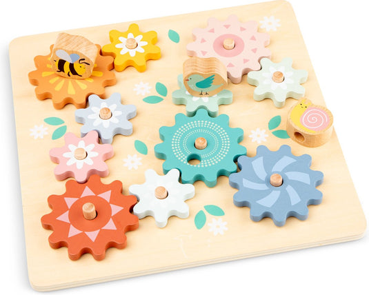 Woet ® houten puzzel met roterende tandwielen tuin - draaibare tandwielpuzzel met dieren - motorisch en creatief speelgoed - fsc - vanaf 2 jaar