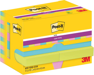 Post-it super sticky super sticky notes post-it 622-12ss-cos 47.6x47.6 mm effen groen, roze, turkoois