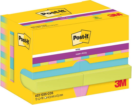 Post-it super sticky super sticky notes post-it 622-12ss-cos 47.6x47.6 mm effen groen, roze, turkoois