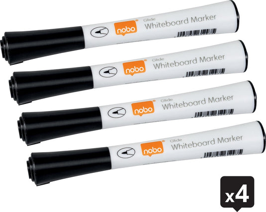Nobo glide whiteboard markers met fijne punt - pak van 4 stuks - zwart