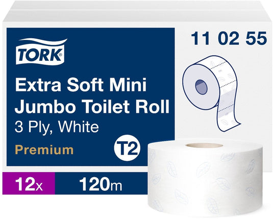 Tork toiletpapier 110255 t2 mini jumbo 110255 3laags wit 120 mtr x 10 cm pak à 12 rol (110255)