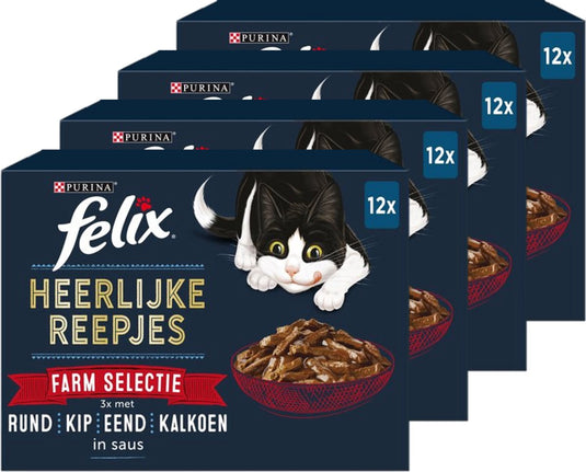 Felix heerlijke reepjes farm selectie - kattenvoer natvoer - rund kip eend kalkoen - 48 x 80 g