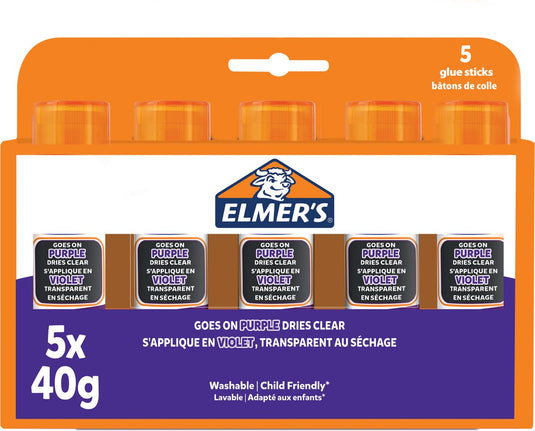 Elmer's -lijmstiften met verdwijnende paarse lijm | droogt kleurloos op | geweldig voor knutselen en op school | uitwasbaar en kindvriendelijk | 40 g | 5 stuks