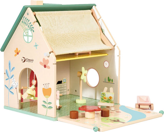 Classic world houten poppenhuisje met tuintje, 10dlg.