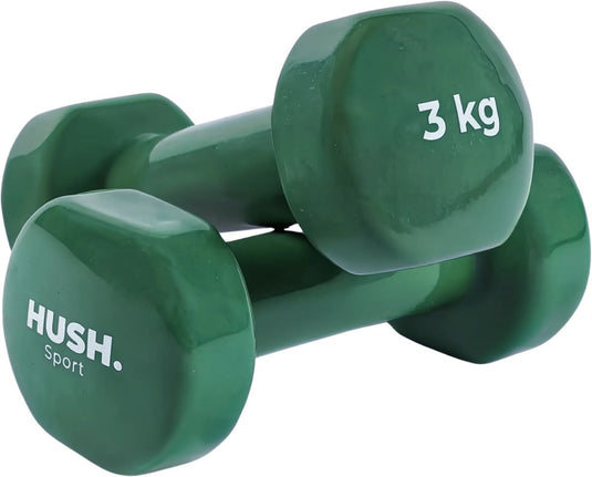 Hush sport - dumbbells set 2 x 3 kg olijfgroen - vinyl coating met antislip grip - gietijzer - handig 6-hoekig design - geschikt voor krachttraining fitness
