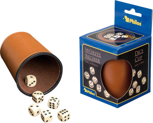 Philos dobbelbeker kunstleer met 6 dobbelstenen bruin spelaccessoire.