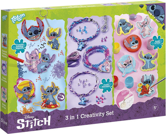 Totum disney stitch 3 in 1 knutselset xl - armbandjes, gips gieten, diamond painting magneten en sleutelhanger knutselen - creatief speelgoed cadeau tip knutselen jongens en meisjes vanaf 5 jaar