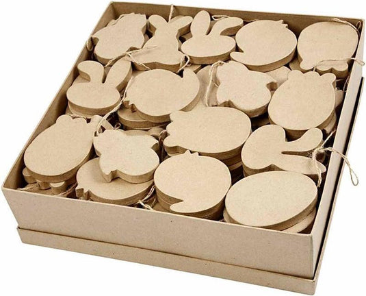 Creativ company paas decoraties - hangende decoraties voor pasen - papier maché paasornamenten met jute koord - hoogte 10 cm - 114 stuks