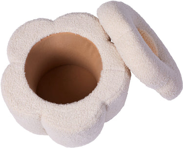 Childhome bloem poef - speelgoedkist - 2-in-1 opbergbox - 35x35x32 cm - ecru - teddy stof - zachte zitpoef - opbergbox met deksel