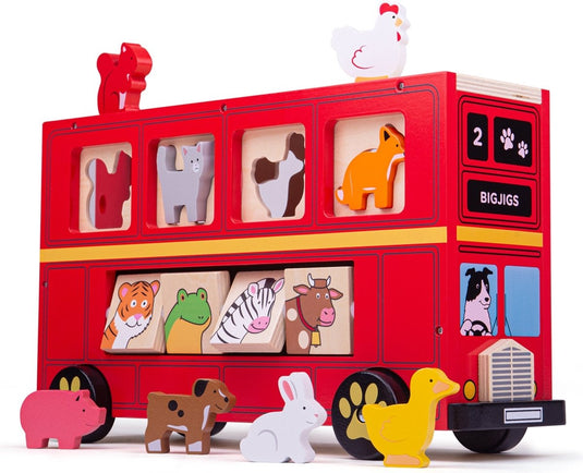 Bigjigs houten vormenstoof rode dierenbus - 21dlg.