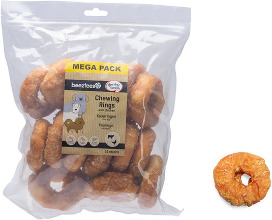Beeztees kauwring met kip hondensnacks - kauwsnacks hond - megapack van 15 stuks - 7,5 cm