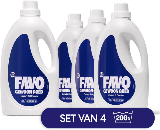 Favo gewoon goed favo vloeibaar wasmiddel - zwart donker - 4 x 50 = 200 wasbeurten - voor zwarte donkere was - effectief vanaf 20 °c - voordeelverpakking