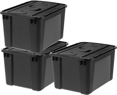 Iris vouwdeksel opbergbox - 48l - stapelbaar - met vouwdeksel - kunststof - zwart - set van 3