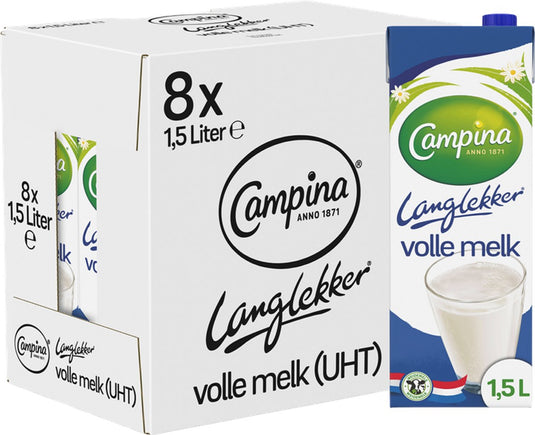 Campina langlekker – volle melk – houdbaar – 8 x 1,5 l – voordeelverpakking