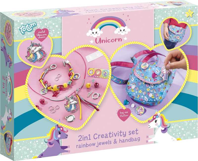 Afbeelding laden in galerijviewer, Totum unicorn 2 in 1 knutselset armbandjes maken sieraden en tasje versieren - creatief speelgoed meisjes vanaf 4 jaar cadeau tip knutselen
